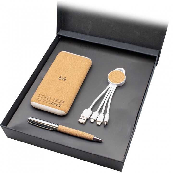 Natural Kaplama Powerbank Kalem ve Çoklu Şarj Kablolu Kutulu VIP Promosyon Seti